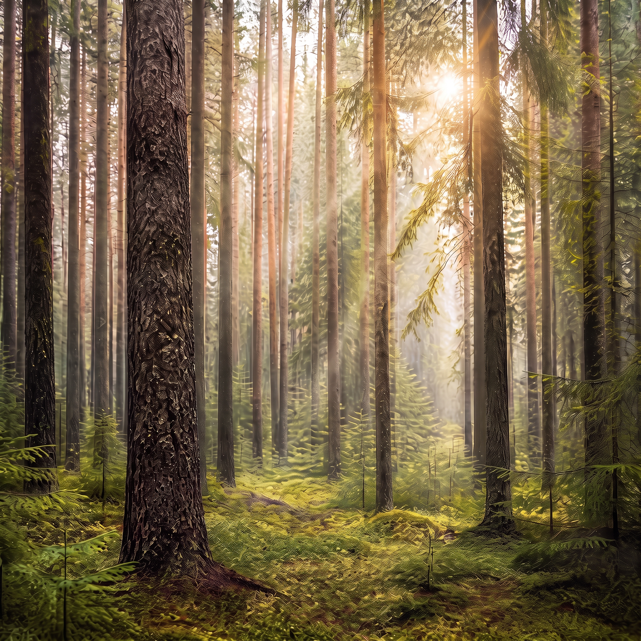 Dense Lithuanian coniferous forest of tall straight pine and spruce trunks in soft twilight light